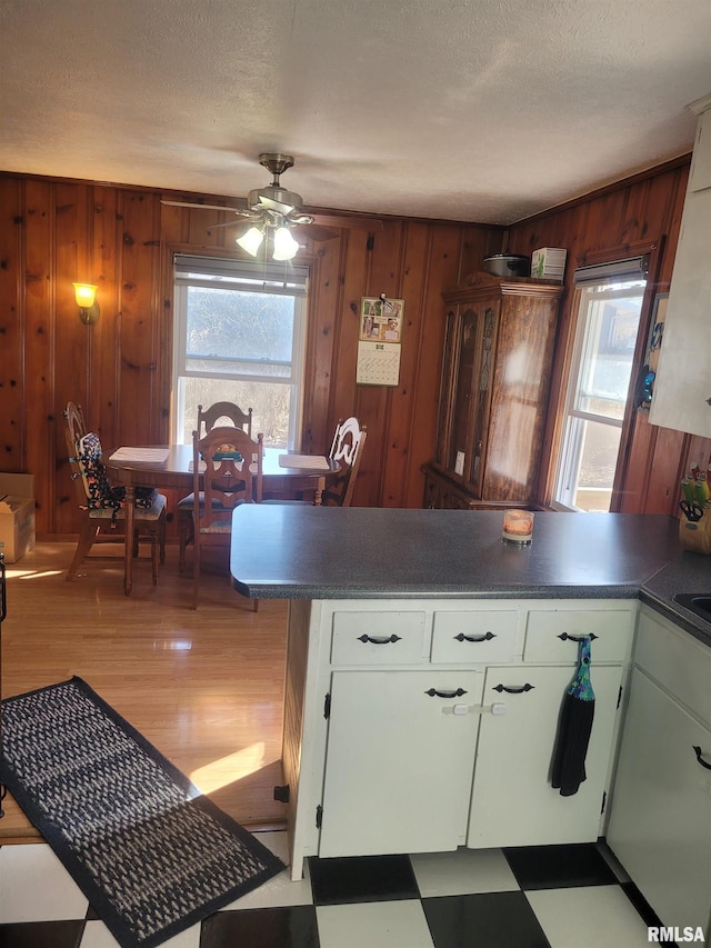 kitchen with a wealth of natural light, light floors, a peninsula, and wood walls