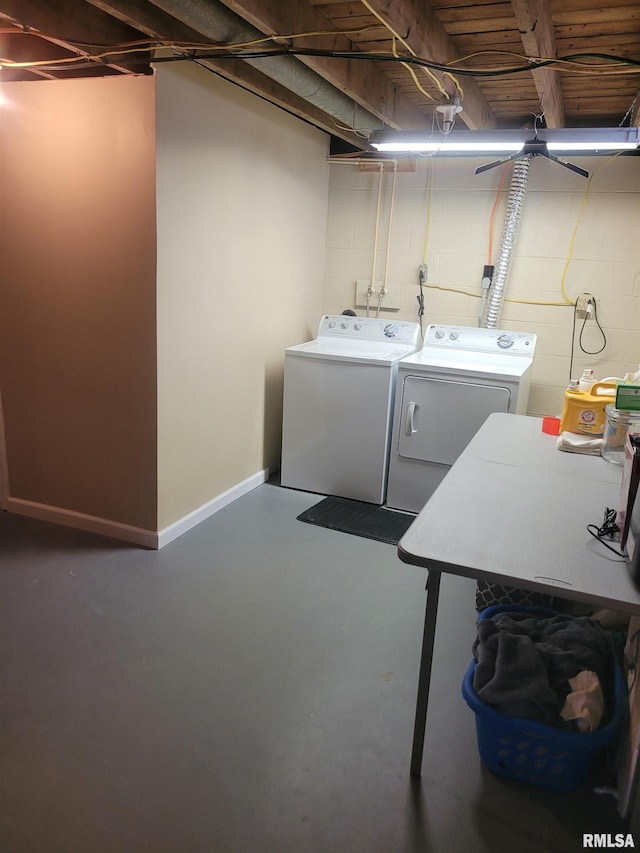 washroom with baseboards, concrete block wall, laundry area, and washer and clothes dryer