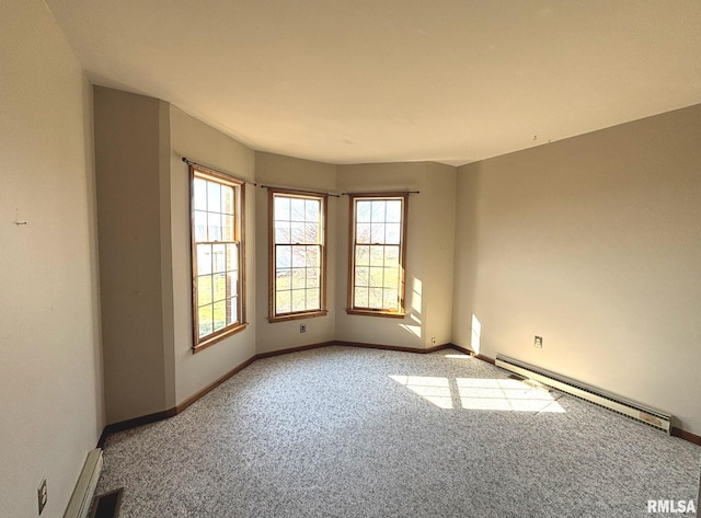 carpeted empty room with visible vents, baseboards, and baseboard heating