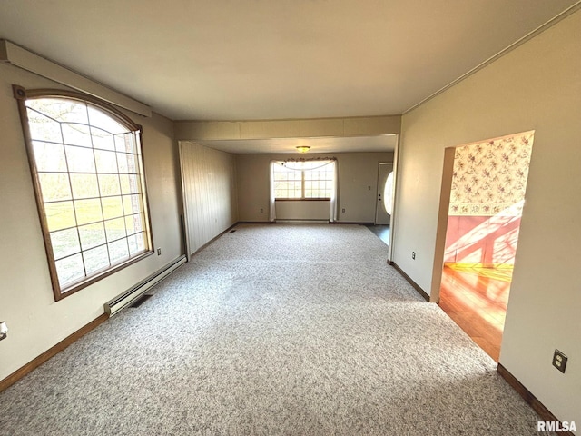 carpeted spare room with baseboards and a baseboard radiator