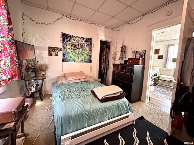 carpeted bedroom featuring a closet and a paneled ceiling