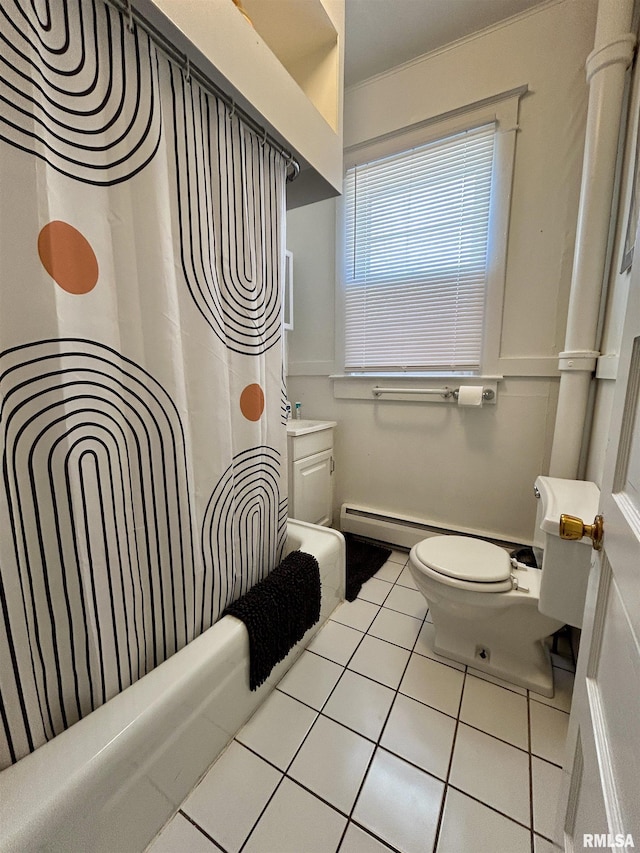 full bath with tile patterned floors, shower / bath combination with curtain, and toilet