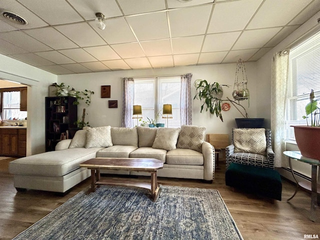 living area featuring a drop ceiling, a baseboard radiator, visible vents, and wood finished floors