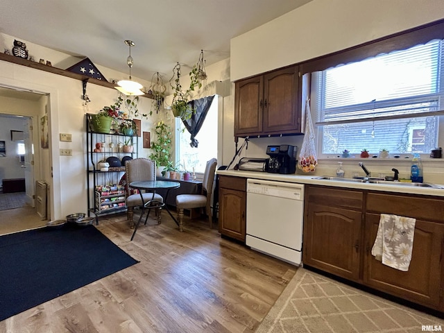 kitchen with a wealth of natural light, light wood finished floors, dishwasher, and light countertops