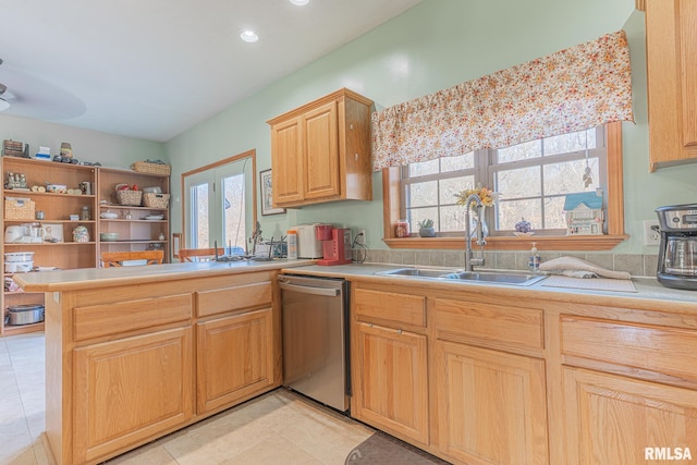 2814 Chouteau Ave, Odin, IL 62870 - kitchen featuring a sink, light countertops, a wealth of natural light, a peninsula, and stainless steel dishwasher