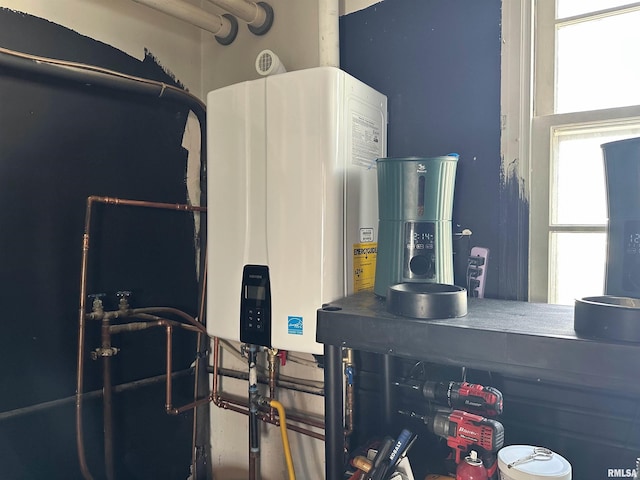 interior space featuring tankless water heater