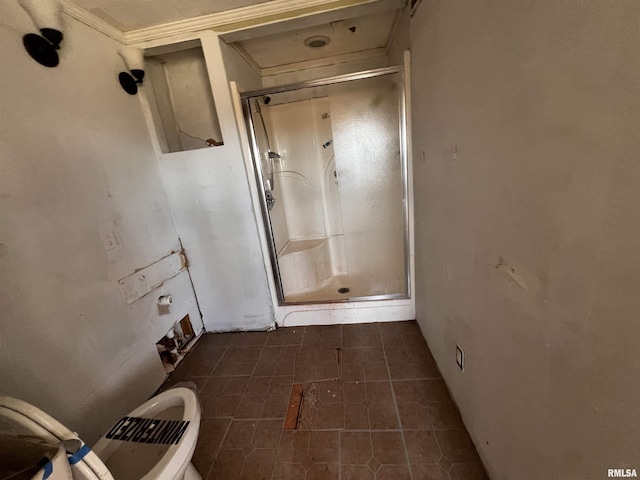 full bathroom featuring toilet and a stall shower