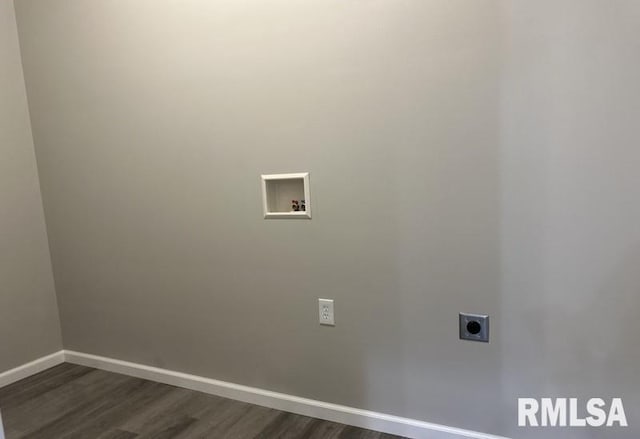 laundry area featuring baseboards, laundry area, hookup for a washing machine, dark wood-style floors, and electric dryer hookup