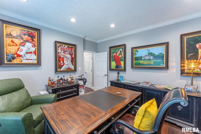 office space featuring crown molding, recessed lighting, and wood finished floors