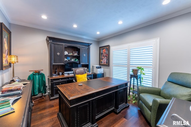 office space featuring dark wood-style floors, recessed lighting, and ornamental molding
