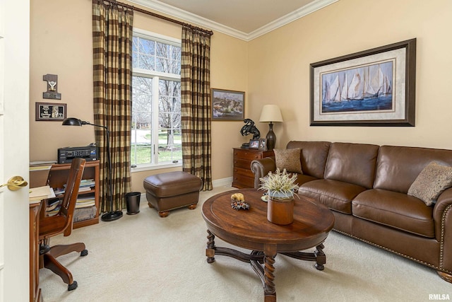carpeted living room with baseboards and ornamental molding