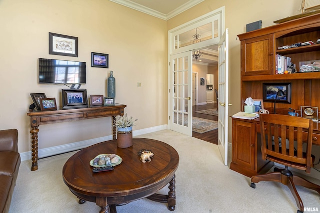office featuring french doors, light carpet, baseboards, and crown molding
