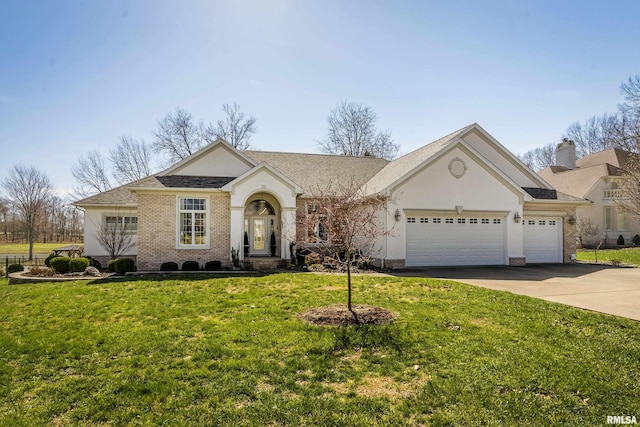 view of front of house featuring brick siding, a front yard, roof with shingles, a garage, and driveway
