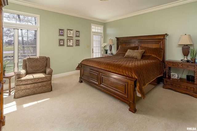 bedroom with crown molding, light colored carpet, and baseboards