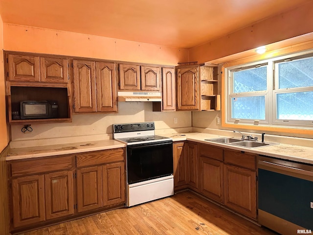 607 S Skyline Dr, Carbondale, IL 62901 - kitchen with dishwashing machine, electric range, a sink, under cabinet range hood, and brown cabinets