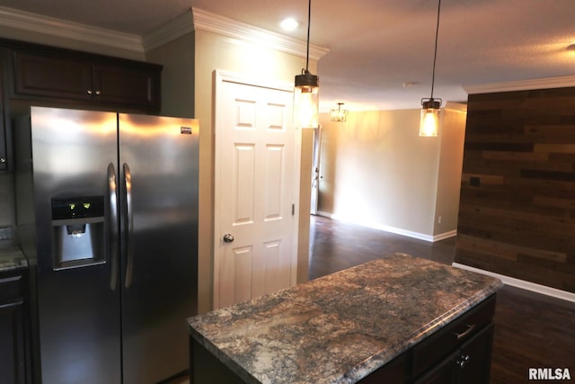 914 Valley Dr, Carterville, IL 62918 - kitchen featuring dark wood finished floors, dark stone counters, ornamental molding, baseboards, and stainless steel refrigerator with ice dispenser
