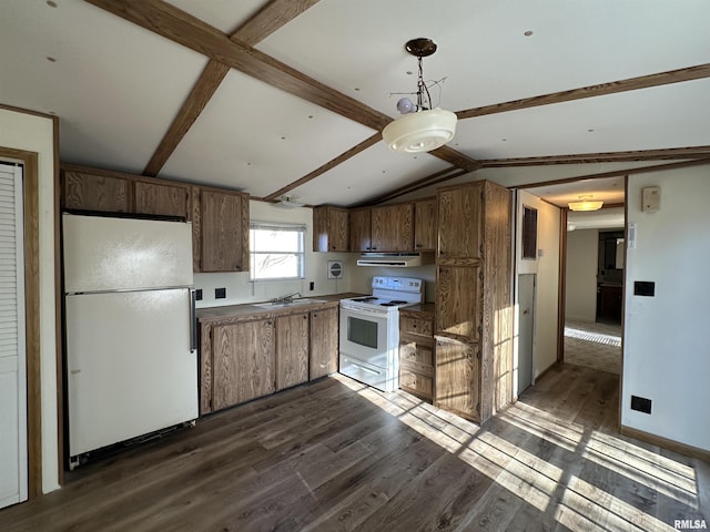 kitchen featuring a sink, lofted ceiling with beams, white appliances, extractor fan, and dark wood-style flooring