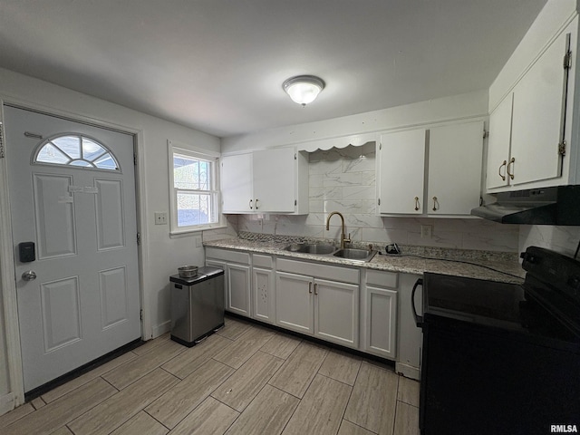 710 S Maple St, Cambria, IL 62915 - kitchen featuring under cabinet range hood, a sink, black / electric stove, decorative backsplash, and wood tiled floor