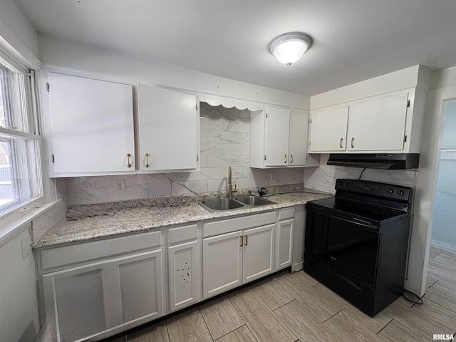 710 S Maple St, Cambria, IL 62915 - kitchen featuring wood finish floors, a sink, under cabinet range hood, black / electric stove, and decorative backsplash