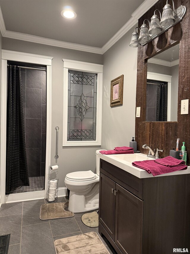 6180 Reevesville Rd, Grantsburg, IL 62943 - bathroom featuring toilet, a stall shower, vanity, tile patterned floors, and crown molding
