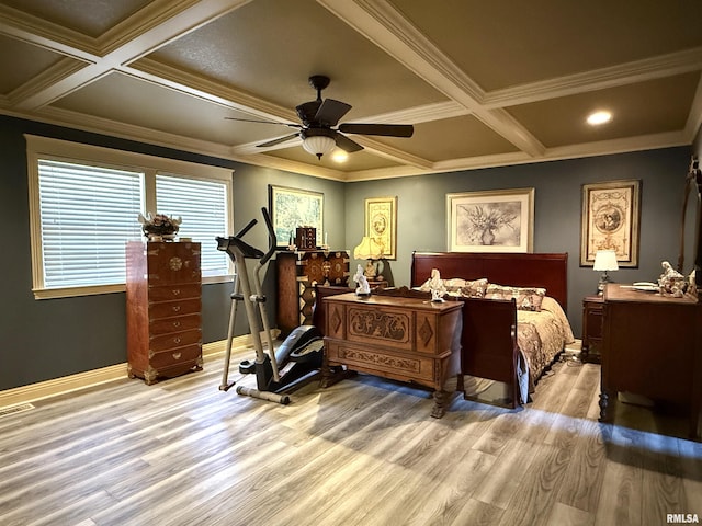 6180 Reevesville Rd, Grantsburg, IL 62943 - bedroom featuring wood finished floors, coffered ceiling, baseboards, ornamental molding, and beamed ceiling
