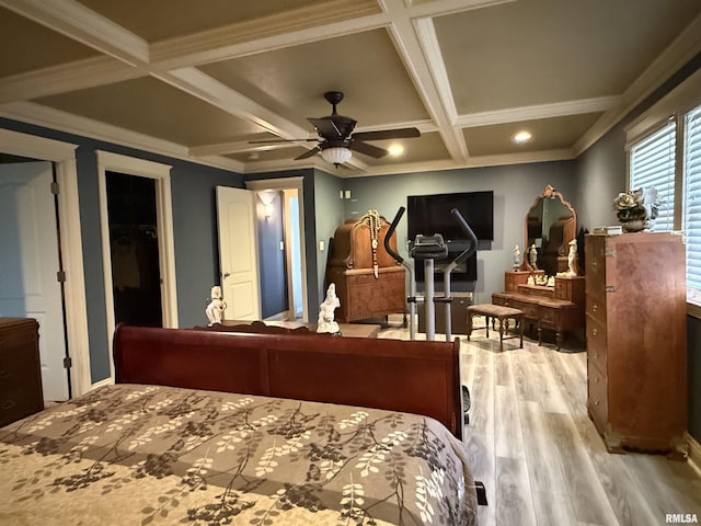 6180 Reevesville Rd, Grantsburg, IL 62943 - bedroom featuring coffered ceiling, wood finished floors, beamed ceiling, a ceiling fan, and recessed lighting