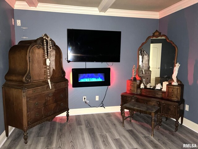 6180 Reevesville Rd, Grantsburg, IL 62943 - sitting room with crown molding, wood finished floors, baseboards, and a fireplace