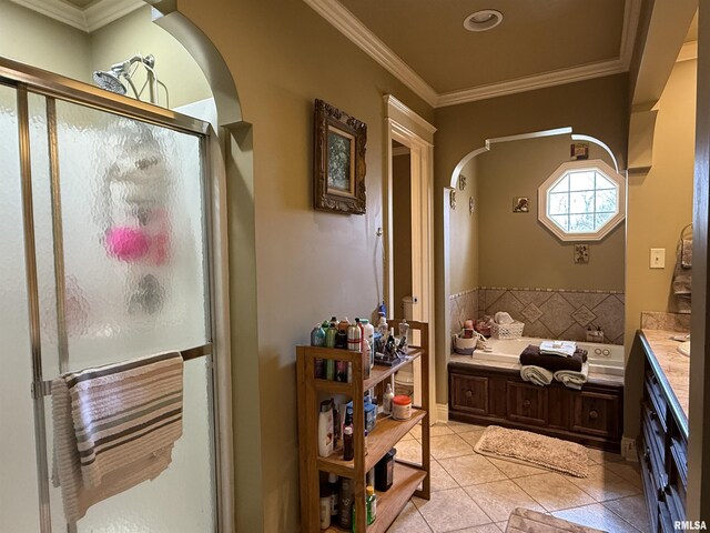 6180 Reevesville Rd, Grantsburg, IL 62943 - full bath featuring tile patterned floors, a shower stall, a bath, crown molding, and vanity