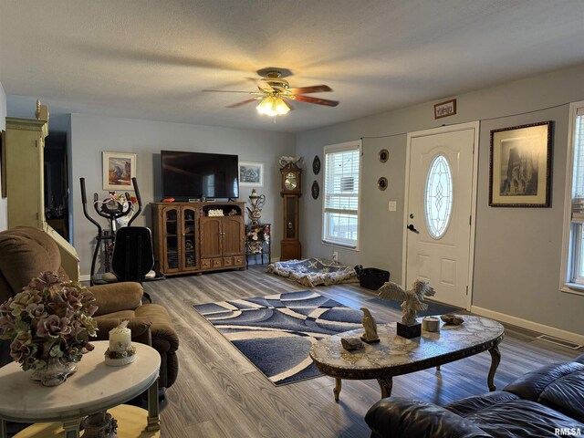 6180 Reevesville Rd, Grantsburg, IL 62943 - living room featuring a ceiling fan, wood finished floors, and baseboards