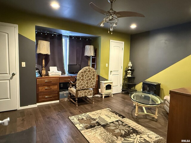 6180 Reevesville Rd, Grantsburg, IL 62943 - office area featuring a ceiling fan, wood finished floors, and recessed lighting