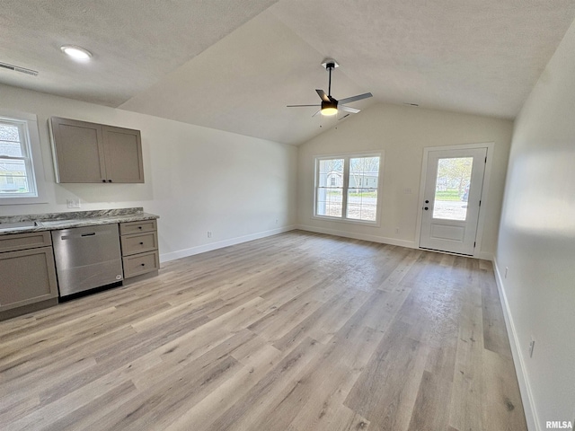 209 Madison St, Cambria, IL 62915 - kitchen with dishwasher, a ceiling fan, gray cabinets, light wood-type flooring, and a textured ceiling