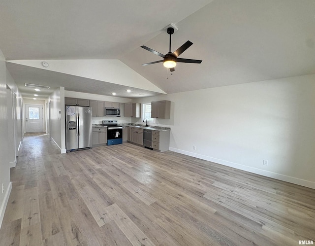 209 Madison St, Cambria, IL 62915 - kitchen featuring stainless steel appliances, gray cabinets, lofted ceiling, light wood-style flooring, and a sink