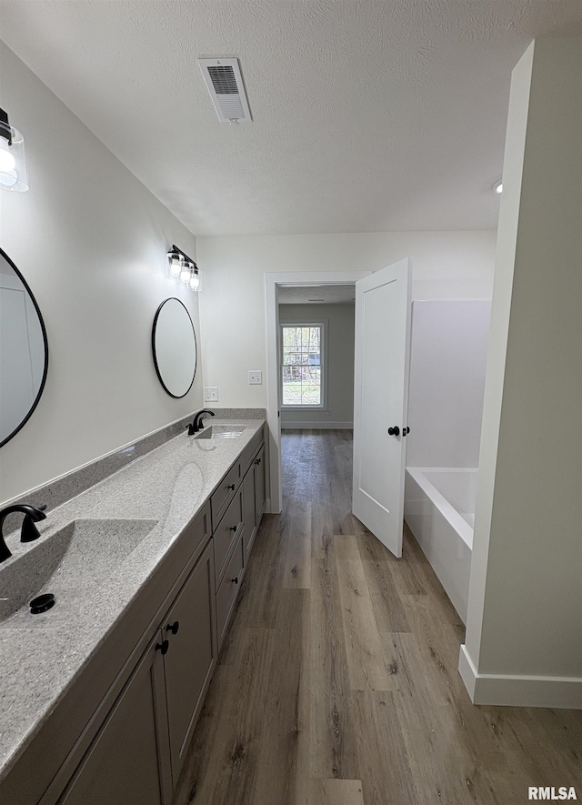 209 Madison St, Cambria, IL 62915 - bathroom featuring wood finished floors, double vanity, a bath, and a textured ceiling
