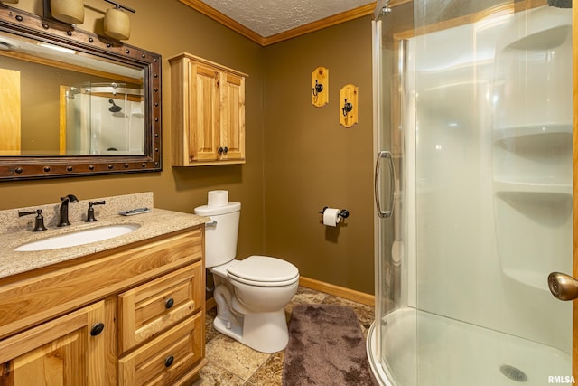 320 Nelson Ln, Grantsburg, IL 62943 - full bath featuring a textured ceiling, crown molding, a shower stall, toilet, and vanity