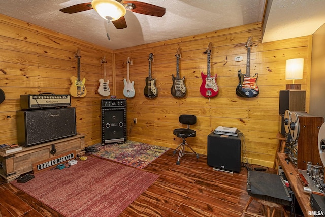 320 Nelson Ln, Grantsburg, IL 62943 - interior space with a ceiling fan, dark wood-style flooring, wooden walls, and a textured ceiling