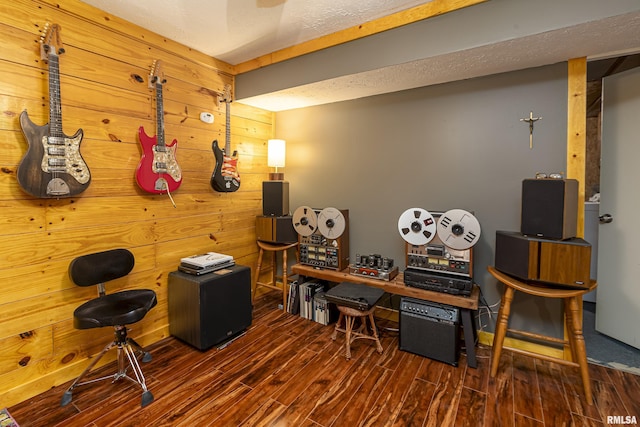 320 Nelson Ln, Grantsburg, IL 62943 - office area featuring a textured ceiling, wooden walls, and wood finished floors