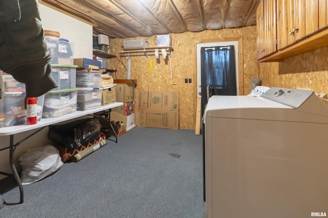 320 Nelson Ln, Grantsburg, IL 62943 - clothes washing area featuring cabinet space, carpet, and washer and clothes dryer