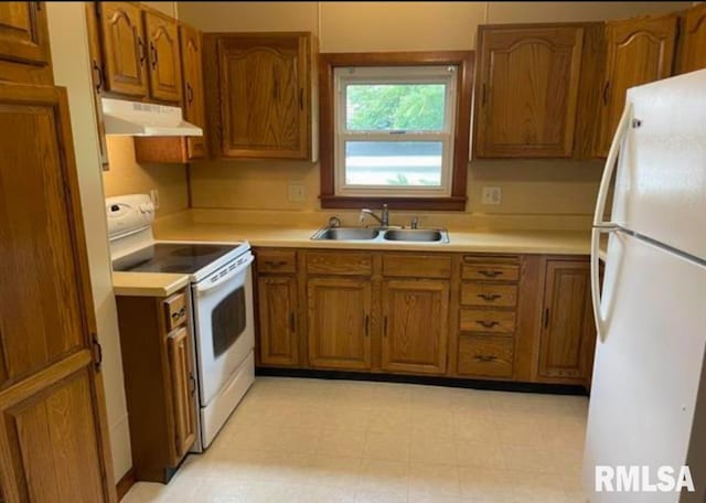 kitchen featuring white appliances, brown cabinets, under cabinet range hood, and a sink