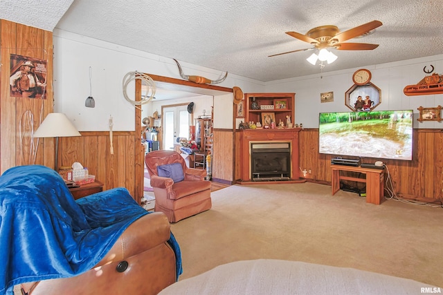 125 Central Hill Rd, Grantsburg, IL 62943 - carpeted living room with a textured ceiling, ceiling fan, wooden walls, and a fireplace with raised hearth