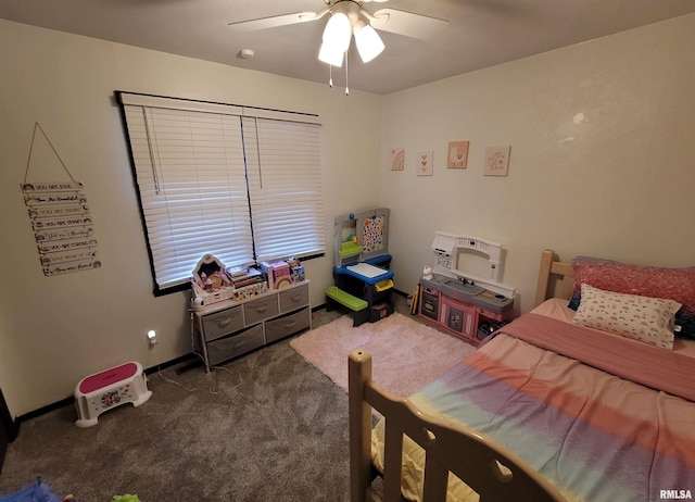 bedroom with baseboards, carpet flooring, and ceiling fan