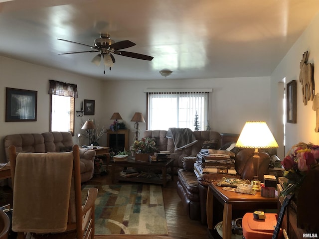 living room with wood finished floors, a ceiling fan, and plenty of natural light
