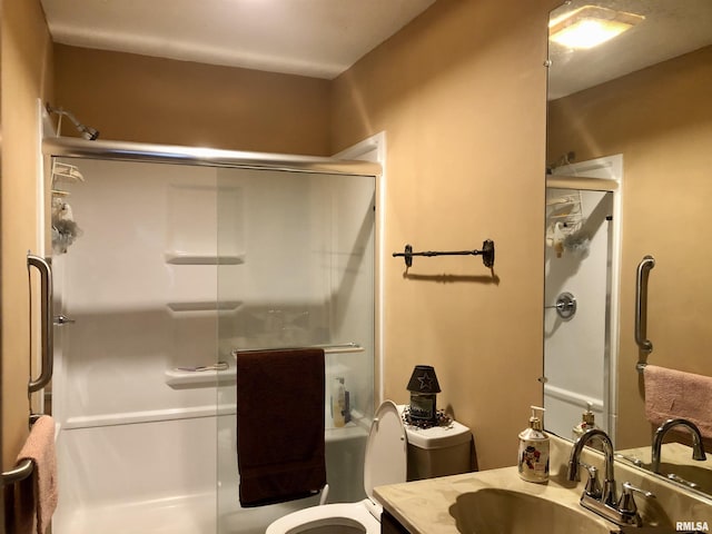 full bath with toilet, vanity, and a shower stall