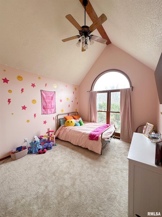 701 Rachael Ct, Carterville, IL 62918 - bedroom with a ceiling fan, lofted ceiling, light colored carpet, and a textured ceiling