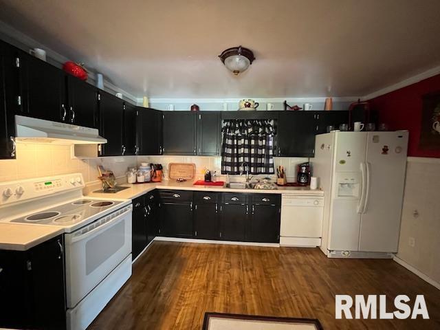188 W Honeysuckle Dr, Elizabethtown, IL 62931 - kitchen with white appliances, under cabinet range hood, dark cabinetry, and a sink