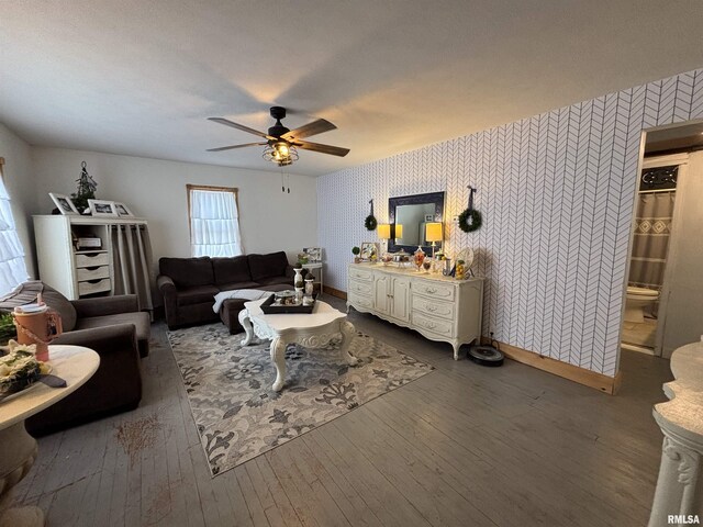 205 N Bentley St, Marion, IL 62959 - living room featuring a ceiling fan, wallpapered walls, dark wood-style floors, and baseboards