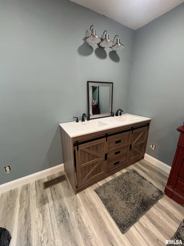 17116 Old Town Dr, Sesser, IL 62884 - bathroom featuring double vanity, visible vents, wood finished floors, a sink, and baseboards