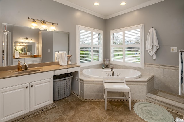 full bathroom featuring vanity, ornamental molding, recessed lighting, tile patterned flooring, and a bath