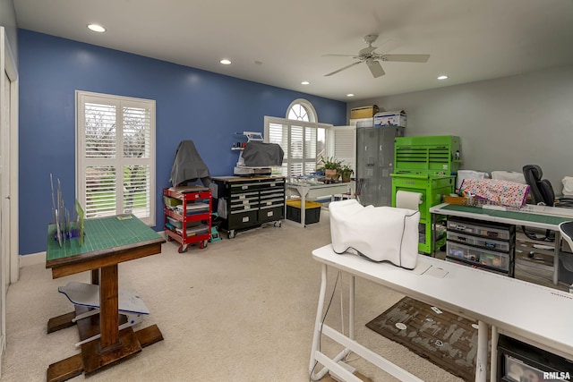 game room with a ceiling fan, carpet, and recessed lighting