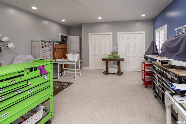 recreation room featuring recessed lighting and carpet flooring