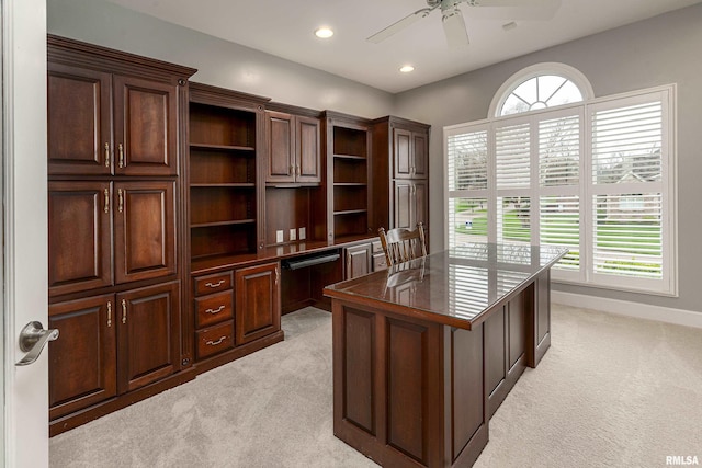 home office with ceiling fan, recessed lighting, light carpet, and baseboards